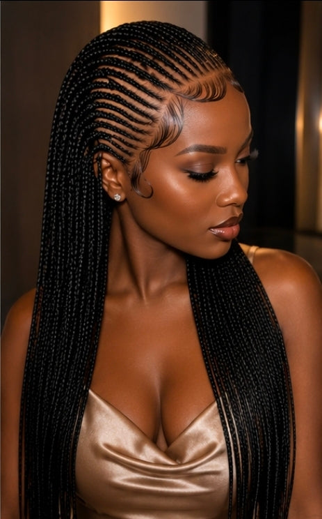 Corn Row Lace Closure Wig- 

*Material: Synthetic hair extensions.

Unit can be washed & conditioned. *

Cap: Black mesh cap 

Color: Black *Lenght: 20"- 24".

Guaranteed to last at least 1-2 yrs (if properly maintained)

Cap Size: Medium

 

Production M