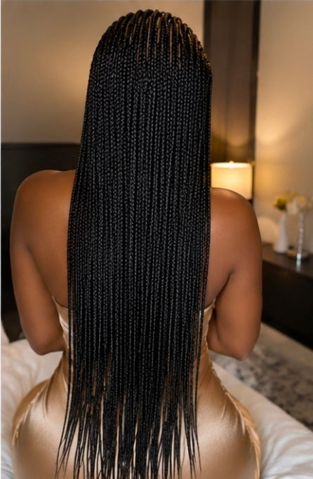 Corn Row Lace Closure Wig- 

*Material: Synthetic hair extensions.

Unit can be washed & conditioned. *

Cap: Black mesh cap 

Color: Black *Lenght: 20"- 24".

Guaranteed to last at least 1-2 yrs (if properly maintained)

Cap Size: Medium

 

Production M